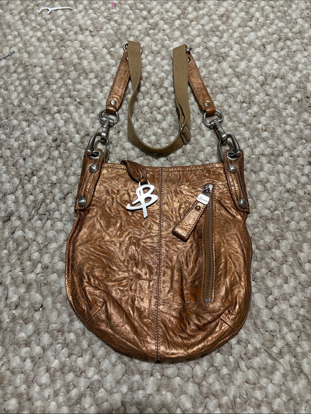 b. makowsky Metallic Bronze Crossbody Bag with Silver Logo Charm